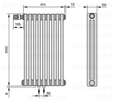 Схема (чертеж) Радиатор Zehnder Charleston 3300/9 №V007 Белый глянцевый RAL 9016